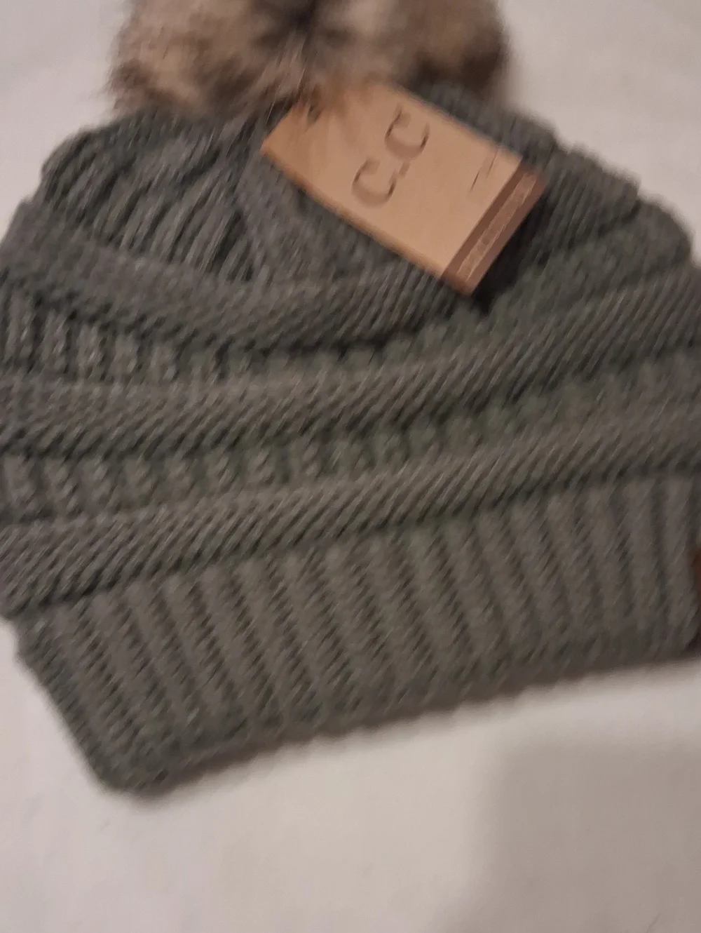 C.C Kids Gray Knit Beanie with Faux Fur Pom